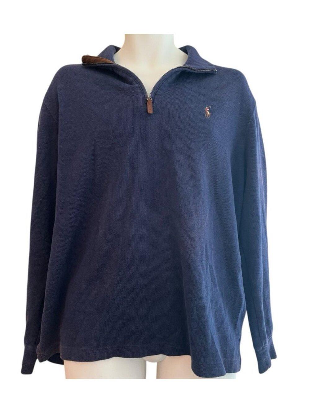 Polo Ralph Lauren Mens Large Estate Rib Blue Embroidered Pony 1/4 Zip Sweater